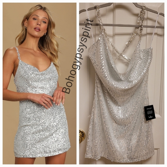 NWT Lulu's Silver Sequin Cowl Neck Mini Dress With Rhinestone Straps - Picture 12 of 16